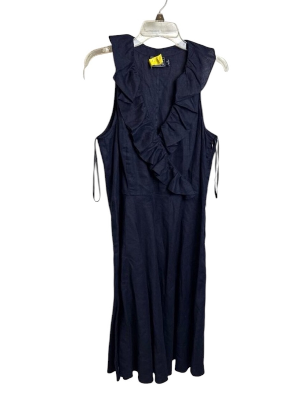 America living navy blue dress stunning linen ruffle neck midi dress size 12